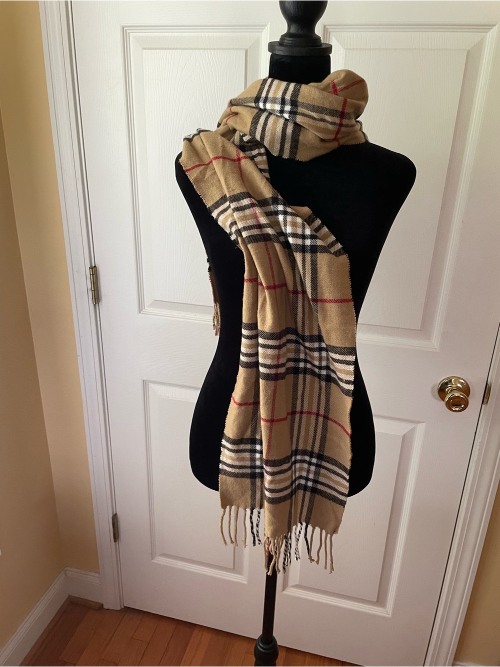 Cashmere Feel Italy Design Camel Plaid Tartan Fringe Scarf Wrap 60x12 🧣Italian